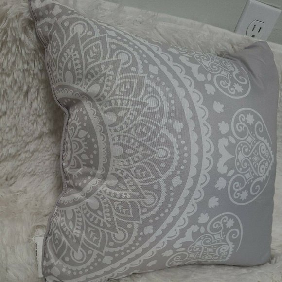 Boho Mandala Throw Pillow Hippie 14" X 14" Gray and White - Picture 2 of 3
